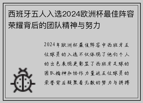 西班牙五人入选2024欧洲杯最佳阵容荣耀背后的团队精神与努力
