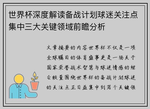 世界杯深度解读备战计划球迷关注点集中三大关键领域前瞻分析